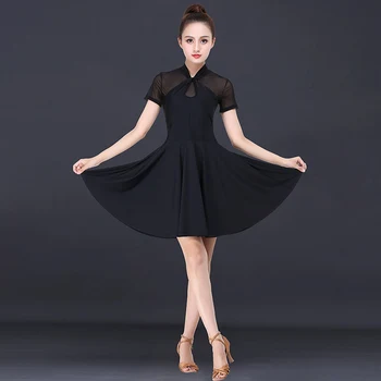 반투명 라인 댄스 코스튬 공연 라틴 댄스 스커트, 반팔, 섹시한 레이스 원피스 피스, 모던한 의상, 여성 탑 스테이지 상품 이미지