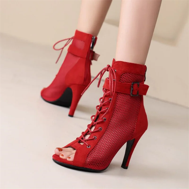 

Summer Peep Toe Shoes Woman Sexy Hollow Gladiator Sandals Ankle Boots Lace-up 10cm Thin High Heels Jazz Dance Female Red Pumps