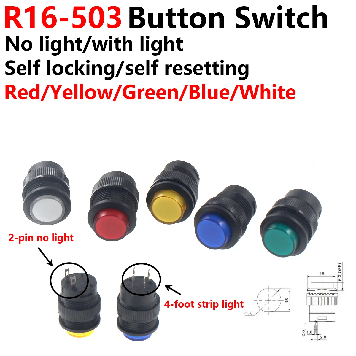10Pcs R16 Power Switch Button R16-503 Blue Yellow White LED R16-503B R16-503A Latching Reset Button 2P 4P Selflock No Lock Reset