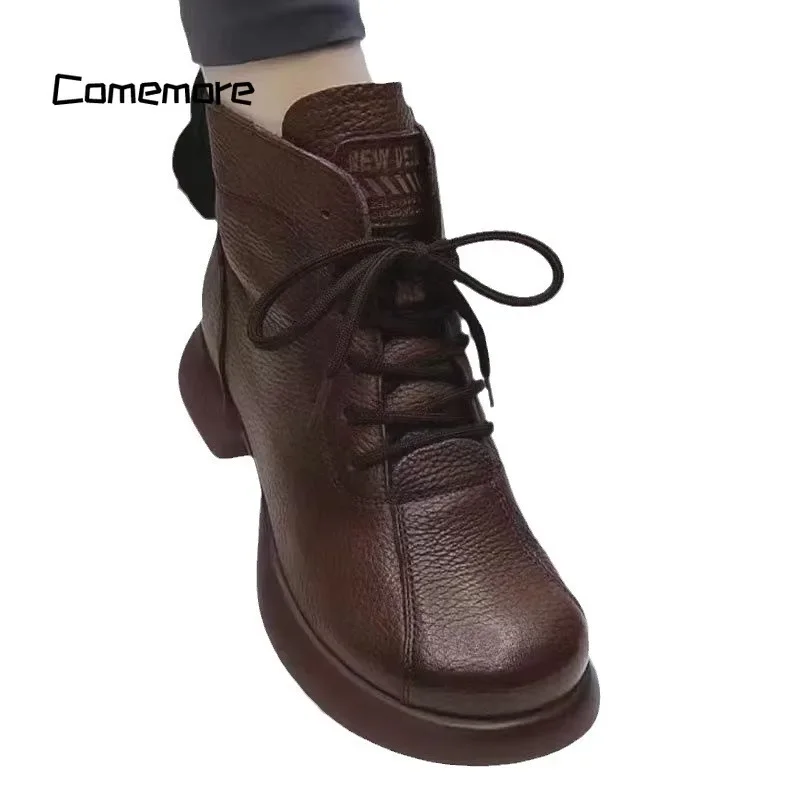 Comemore Soft Leather Short Women's Ankle Boots 2023 Autumn Winter New Comfortable Velvet Retro Thick Bottom Knight Boot Women