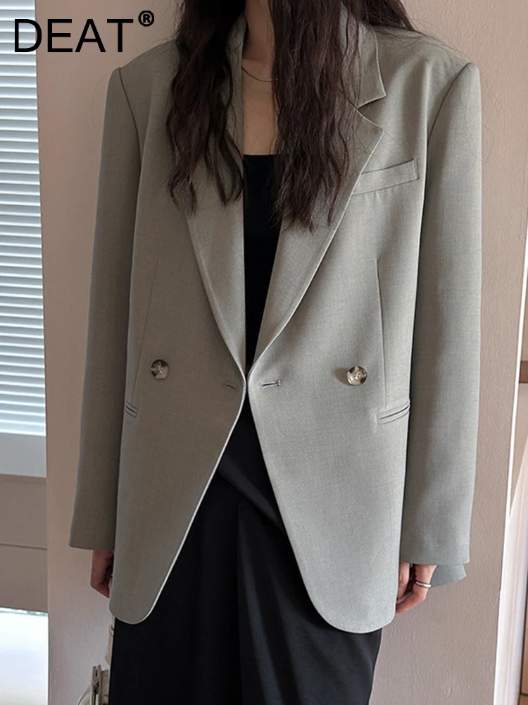 

DEAT Fashion Women's Blazer Notched Collar Long Sleeves Double Breasted Split Pockets Green Suit Jackets Autumn 2023 New 7AB1233