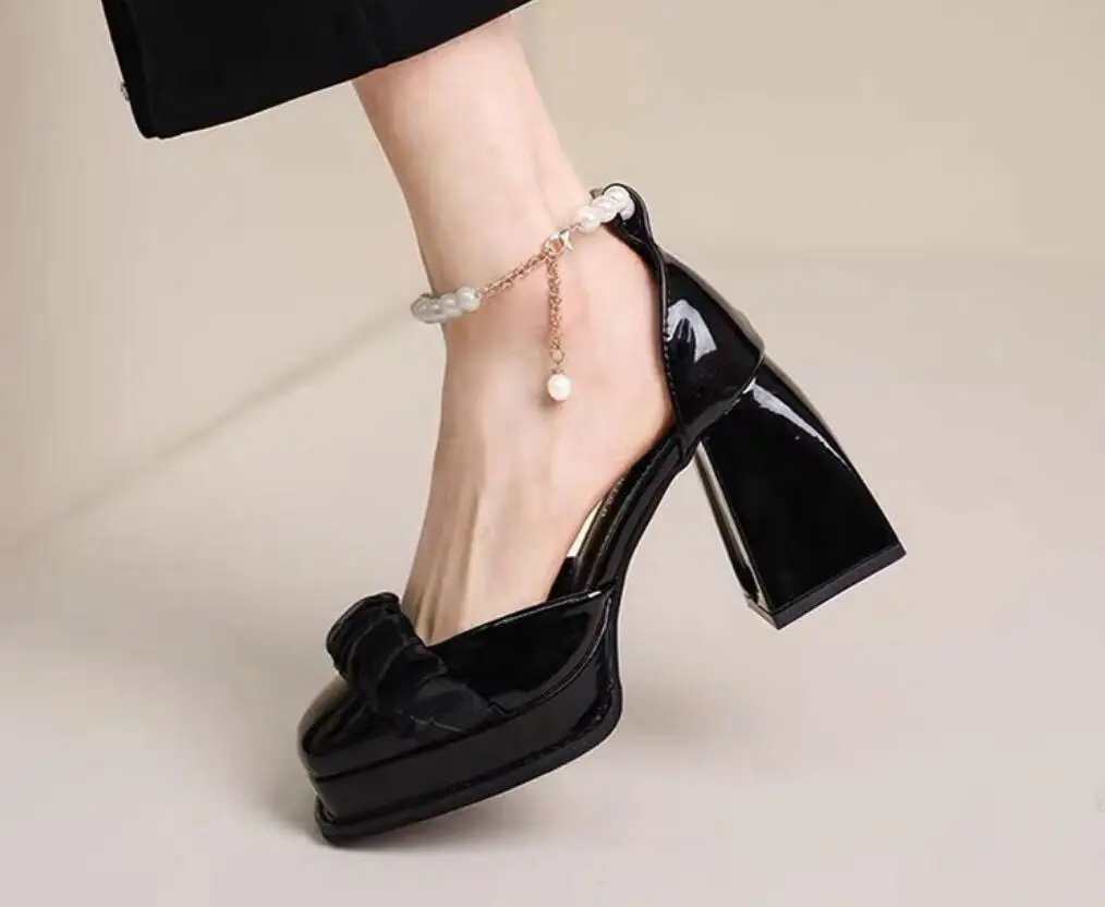 Autumn Spring Women Shoes  Fashion High Heels Banquet Wedding Shoes Sexy Pearl chunky heels square toe high heels Ladies Party