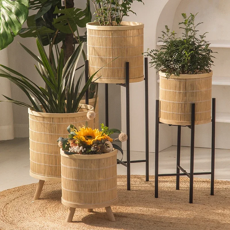 Anti-rust Bamboo Flower Stand for Bedroom Chinese Short-legged Plant Stand Nordic Simple Floor-standing Plant Shelves for B&B