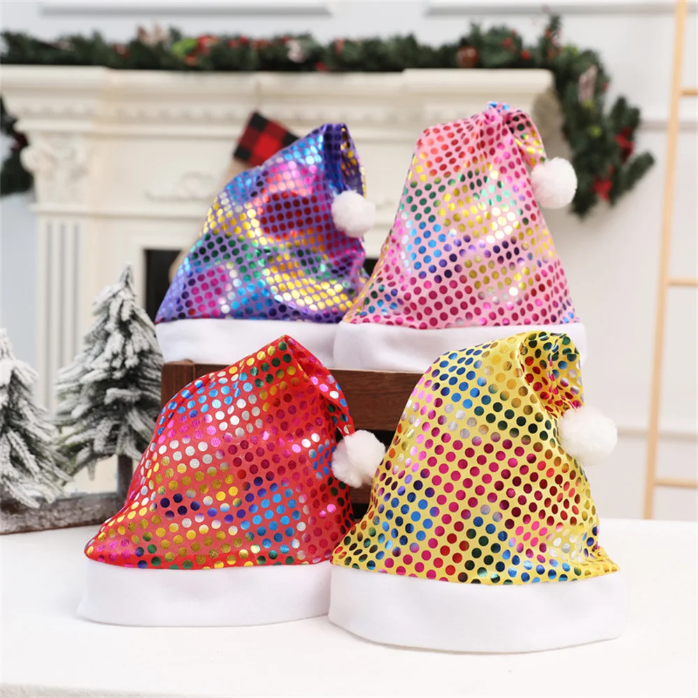 Colorful Sequins Christmas Hats Adult Kid Shiny Santa Claus Hat Fluffy Pompom Xmas Hat Home Holiday Party Decoration New