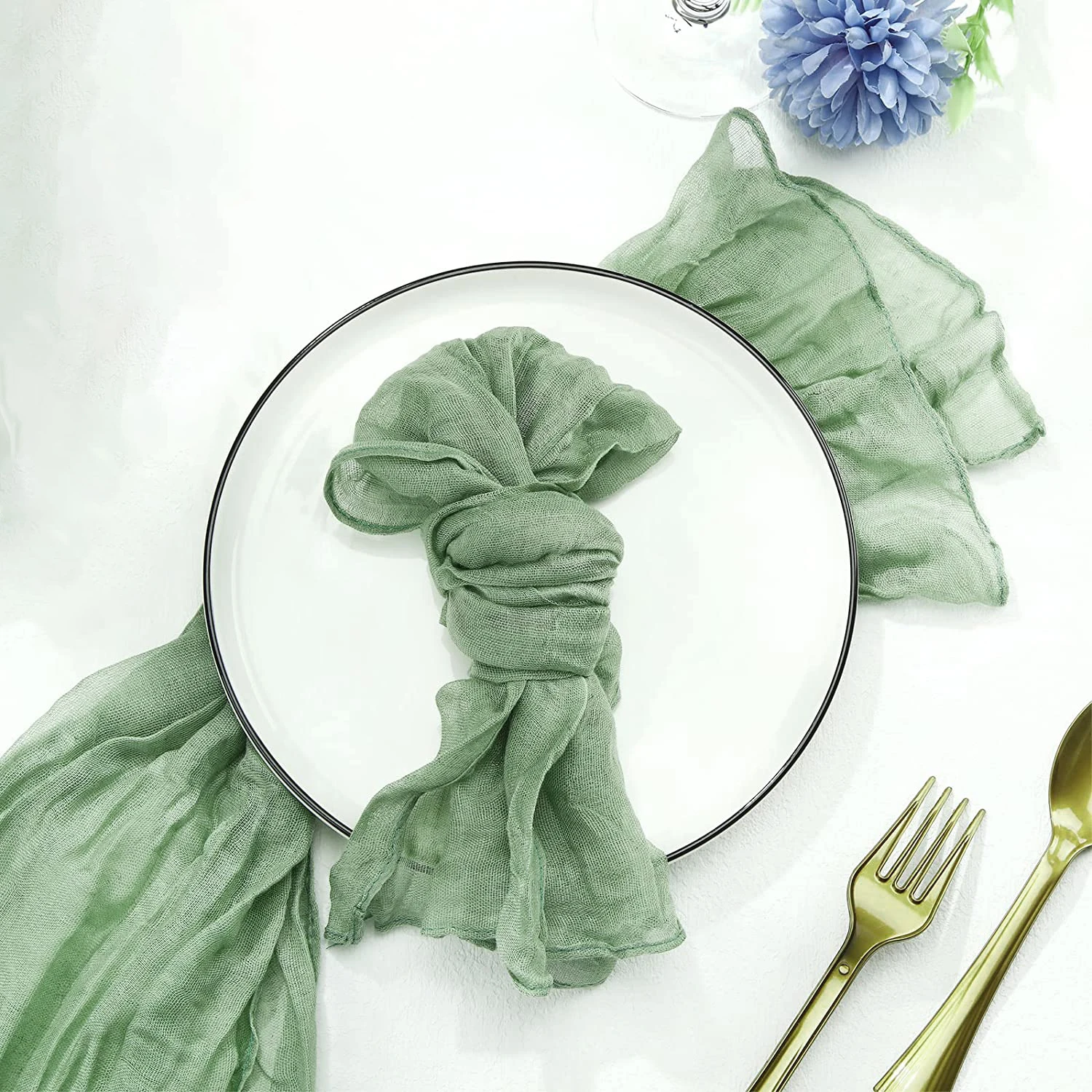 Description Picture 2 of item10PC Dark Green Gauze Cheesecloth Wrinkled Napkin Dinner Soft Cotton Table Decorative Cloth for Wedding Party Banquets Christmas