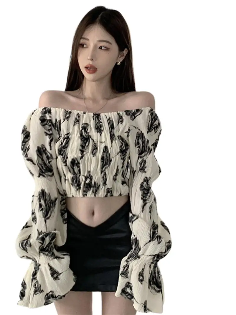 

Summer Feminine Chiffon Pleated Design Sense Sexy Slash Neck Crop Tops Floral Print Butterfly Sleeve Slim Seaside Vacation Style