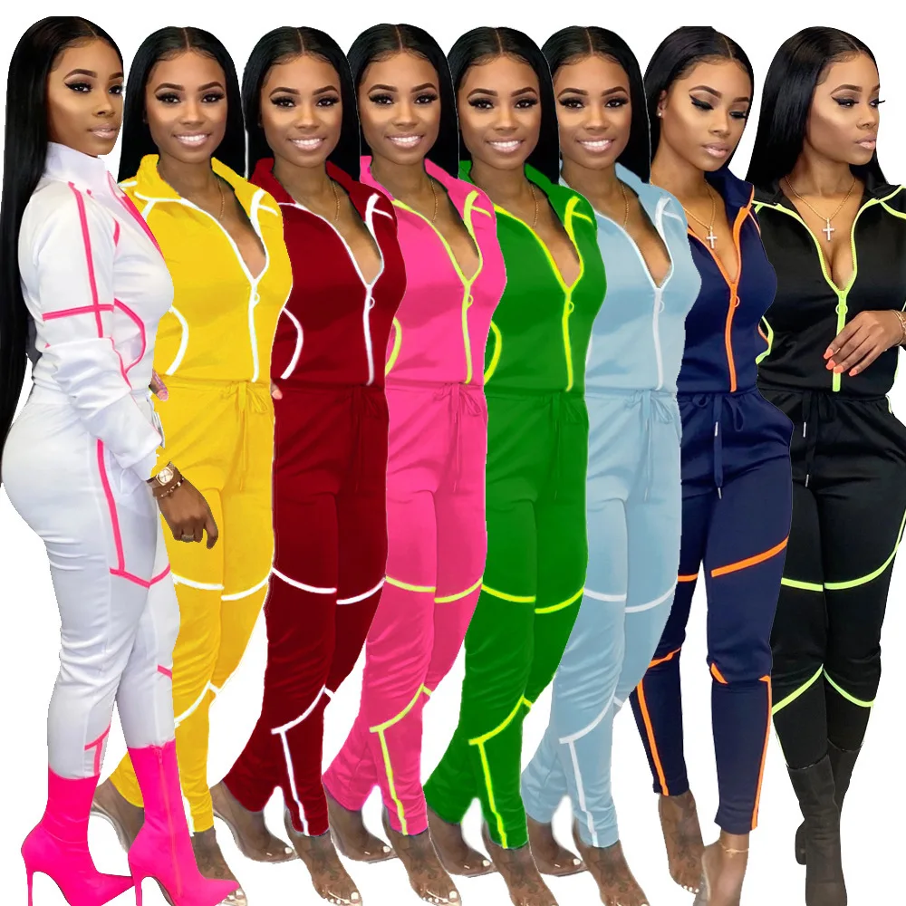 

New Women Fall Two Pieces Fashion Sportswear Color Block Long Sleeve Sport set Turndown Collar Womens Track Suits With Zippers