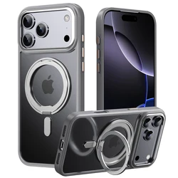 Enhanced 360° Rotating Magnetic Stand Case with Premium Metal Button and Folding Bracket - iPhone 15 Plus (Matte Gray)