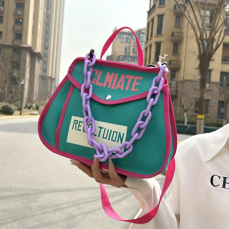 Canvas Women's Shoulder Bag Chain Casual Totes Contrast Color Ladies Crossbody Bag Trend Letter Print Fashion Designer Handbags