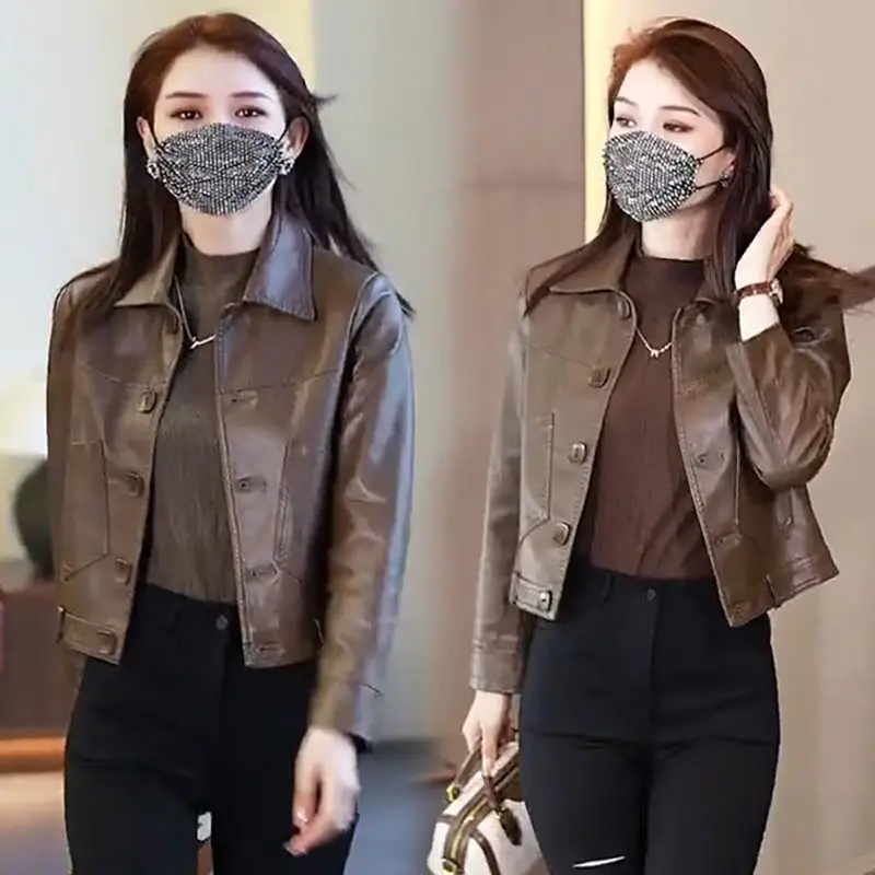 2023 Spring Autumn New Wome Fashion PU Leather Short Coat Korean Style Loose Large Size Casual Outwear Female Solid Color Jacket