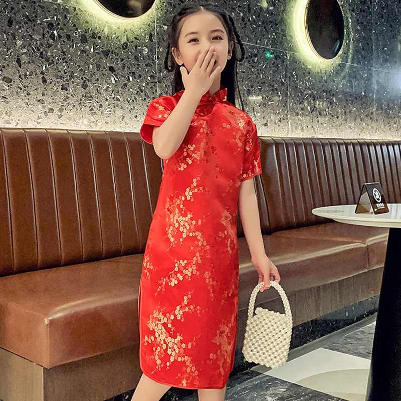 새해 중국 전통 드레스 아이 당나라 qipao 드레스 소녀 hanfu 현대 중국어 cheongsam 실크 드레스 현대 스타일 레드