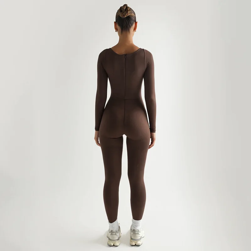 Women Skinny Jumpsuit Solid Color Square Collar Long Sleeve Bodycon Sexy Club Wear Work Out Sports Fitness Jogger Set Rompers