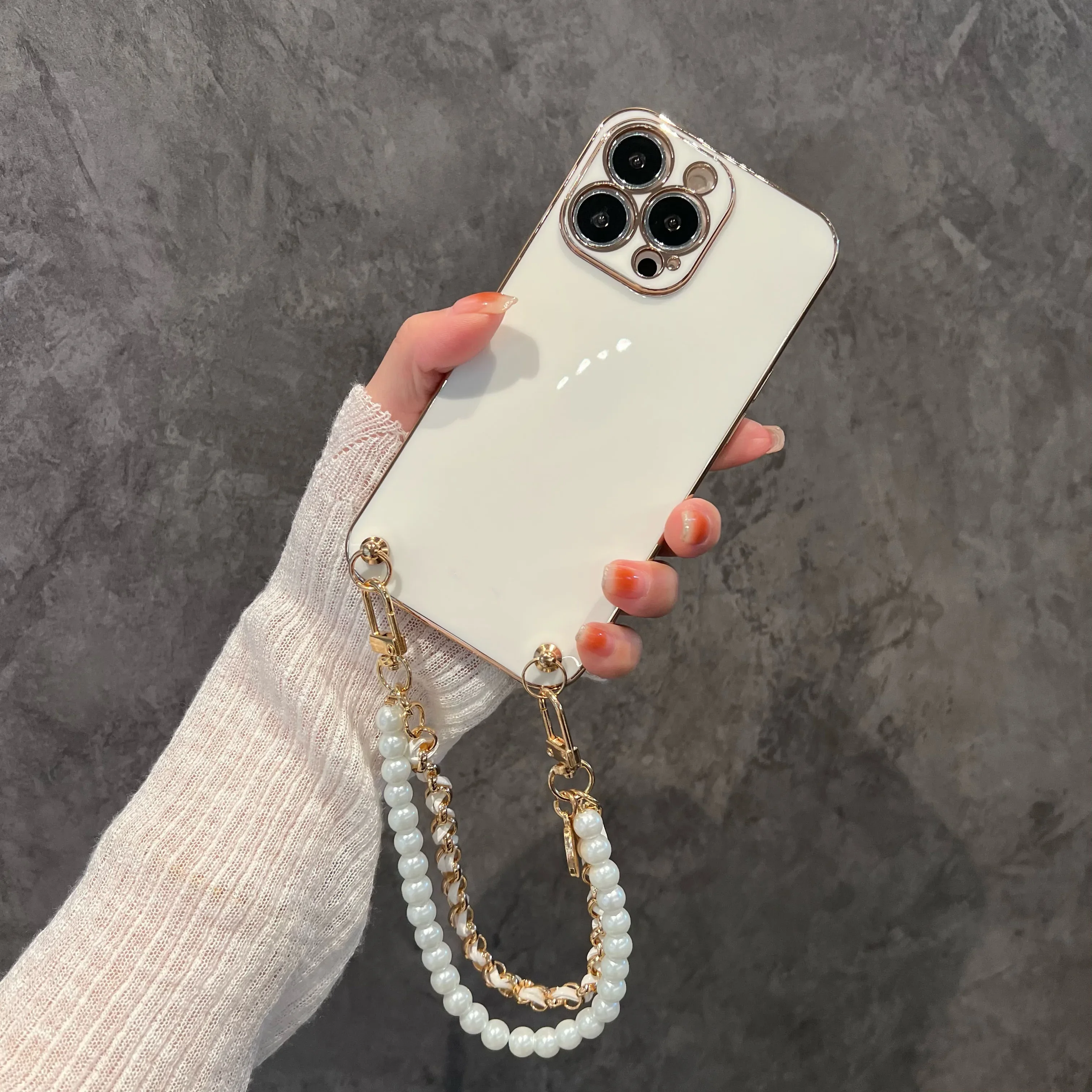 Coque souple en cuir perlé plaqué japonais, étui Portable avec chaîne pour iPhone Pro X XR XS Max Plus, couverture arrière de luxe