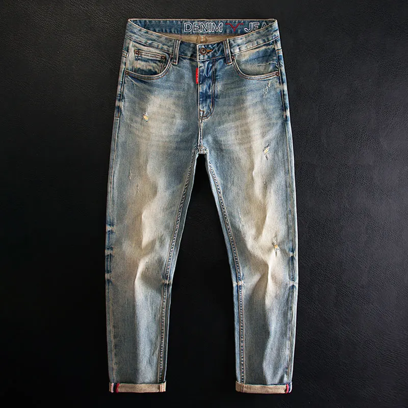 Fashion Designer Men Jeans High Quality Retro Washed Blue Stretch Slim Fit Ripped Jeans Vintage Denim Pants Men Trendy Trousers