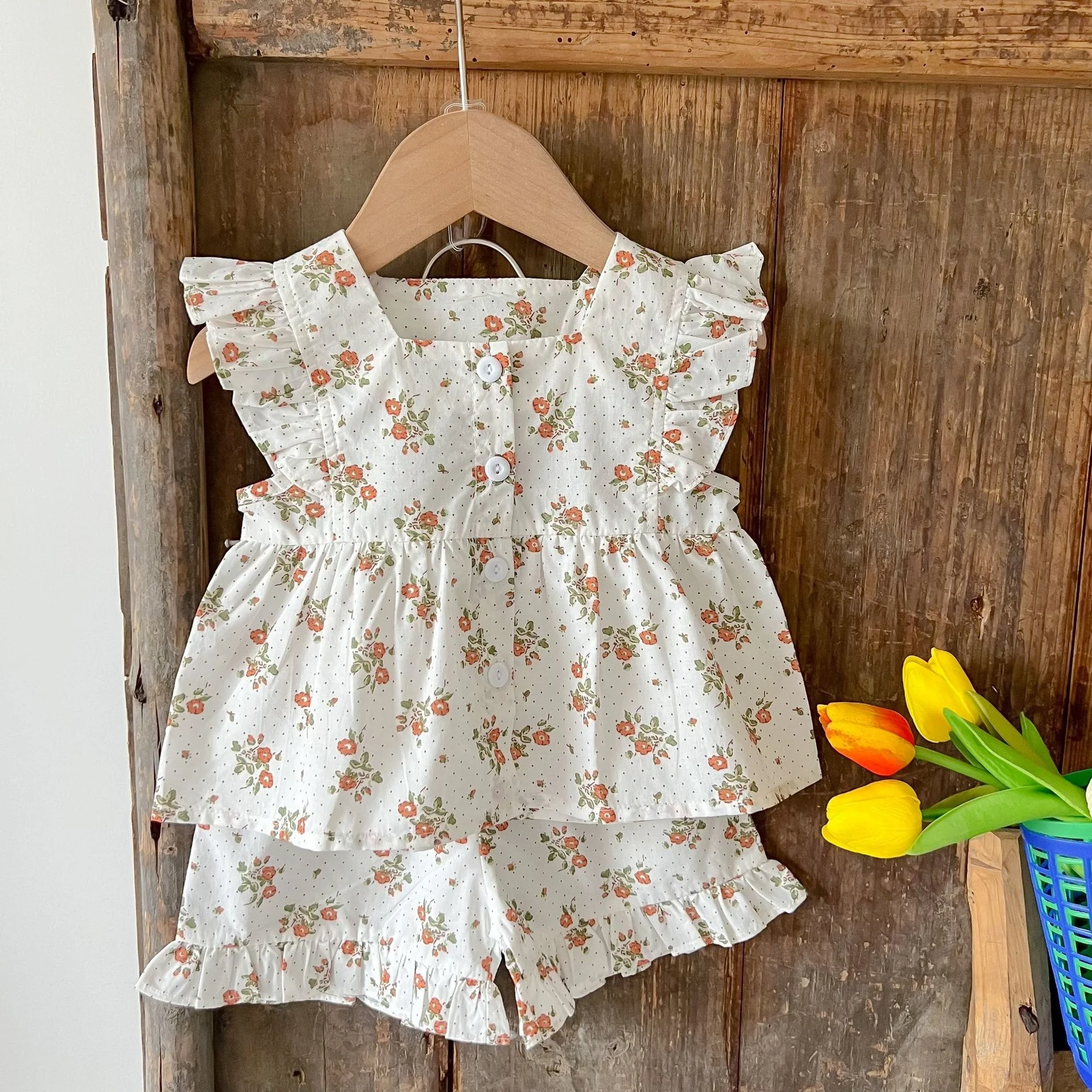 

Baby Girls Lovely Ruffled Summer Sleeves Floral Tops + Bloomer Shorts Pant Toddler 100% Organic Cotton Outfit Sets 0-36 Months