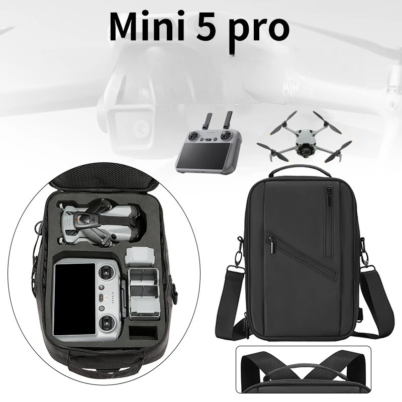 Sac à dos rigide étanche pour DJI Mini 5 Pro, avec drone et télécommande rangés dans des compartiments rembourrés.