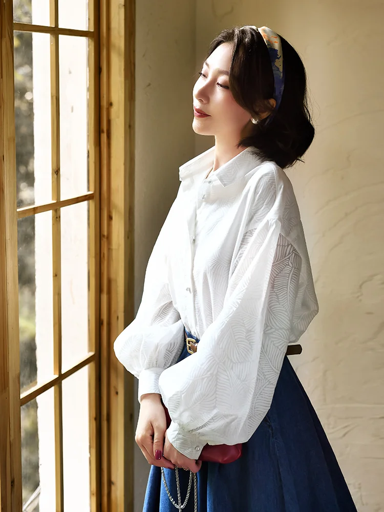 Free Shipping 2022 New Fashion White Cotton Shirts For Women Turn Down Collar Full Lantern Sleeve Tops S-L Single Breasted