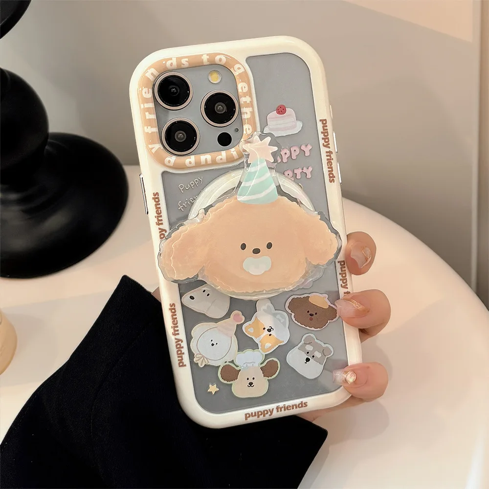 Clear Magnetic Phone Case with Cartoon Puppy Design and Chain