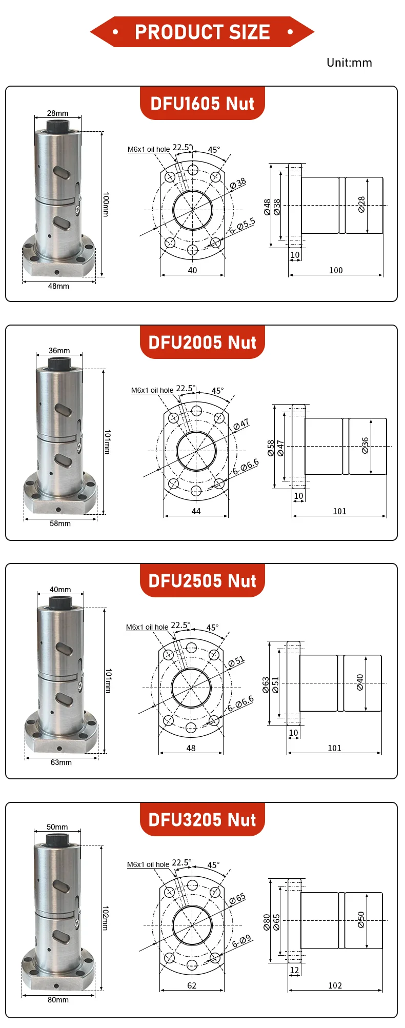 Doppelmutter, hochfeste Kugelumlaufspindelmutter, 16 mm, 20 mm, 25 mm, 32 mm, 40 mm, 50 mm, Kugelumlaufspindel DFU1605/2005/2505/3205/3210/4005/4010/5010 – Detail 8