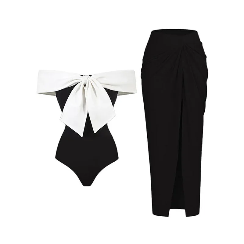 Black And White Colorblocked One-shoulder Bikini One-piece Slim Fit Open-back Bow Design Swimsuit Women Elegant Straps Cover up