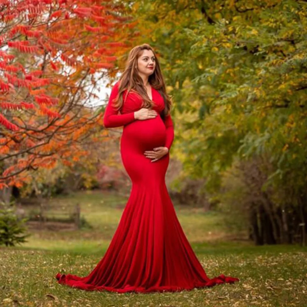 Maternity Dresses for Photo Shoot for Baby Shower Pregnancy Red Mercerized  Cotton Long Sleeve V-neck Skirt Grossesse Vestidos