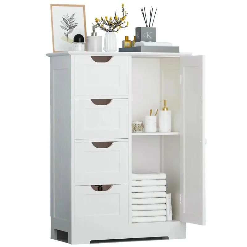 

4 Drawer Storage Cabinet, Wooden Bathroom Cabinet Storage Cupboard 2 Shelves, White