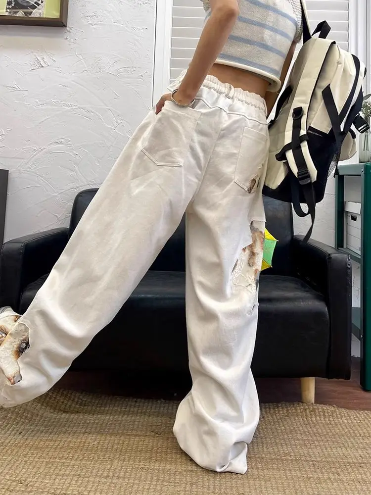 Jeans Lace Splicing White High Waist Women Fashion Vintage Streetwear Y2K Wide Leg Jean 2024 Female Trouser Baggy Denim Pants