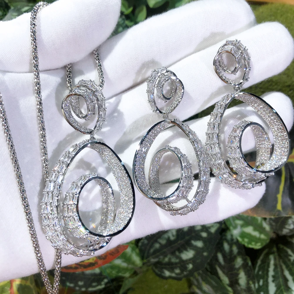 

Missvikki Luxury Helicoid Pendant Necklace Drop Earrings Jewelry Set Super Noble Shiny CZ Bridal Wedding Party Show Accessories