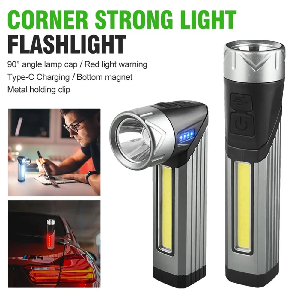 

Portable Led Flashlight 90 Degree Rotating Head Usb Rechargeable Multi-functional Emergency Work Light Outdoor Work Torch