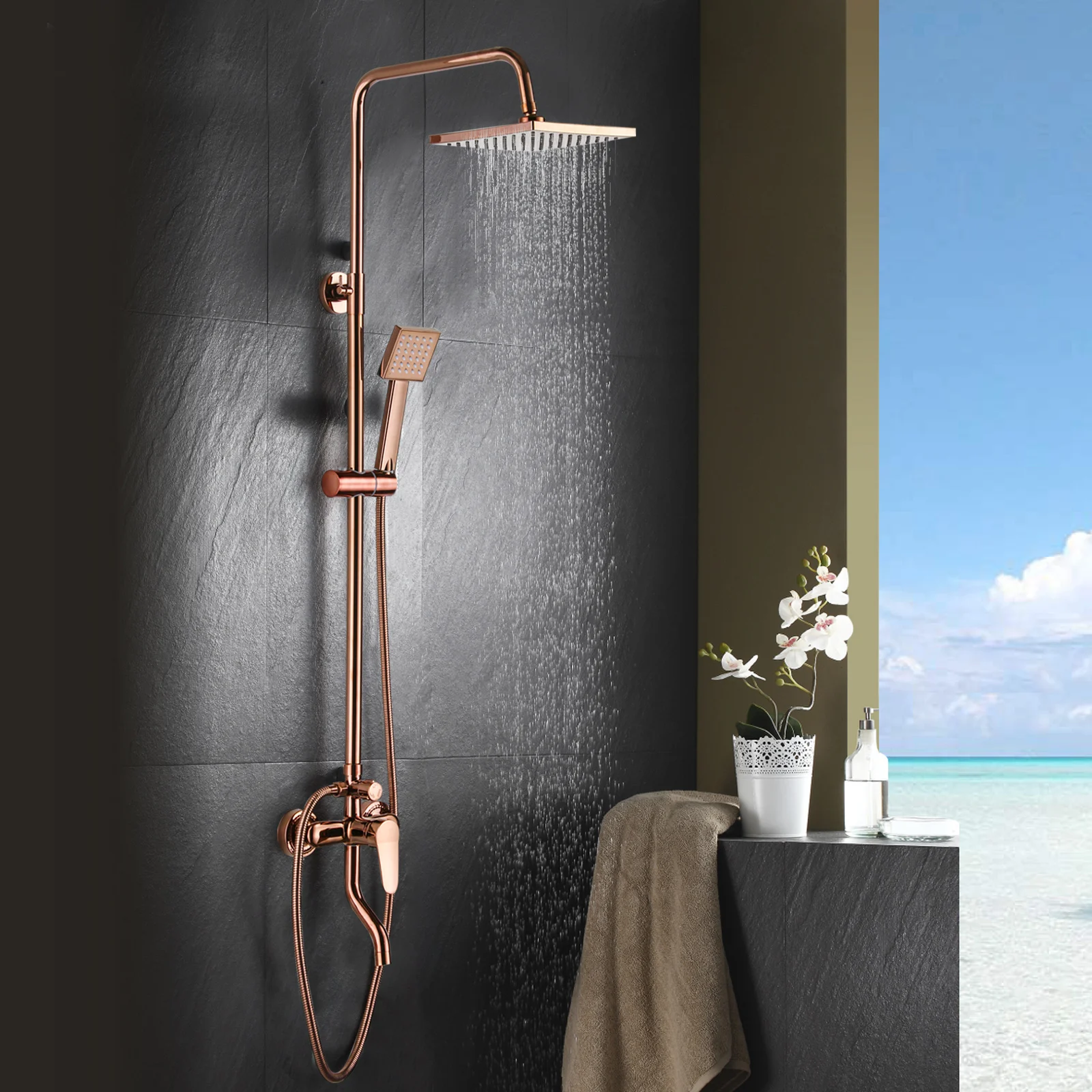 8" Rainfall Set Wall Mount Shower Faucet Rose Gold Hand Shower Filler Mixer Tap