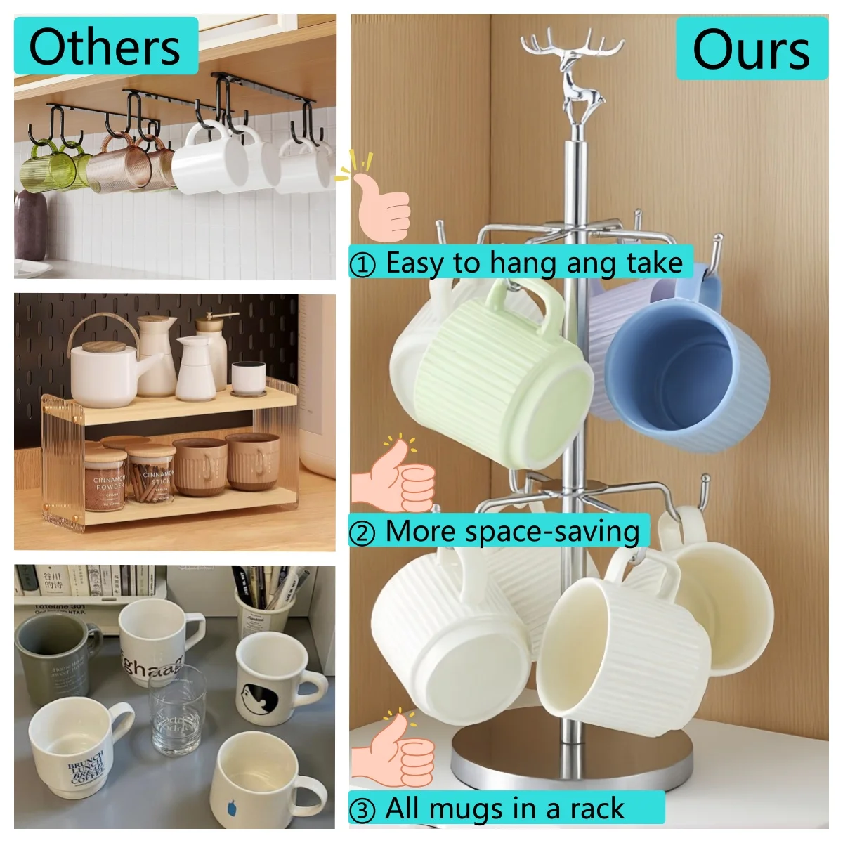 شجرة حامل الأكواب مع 8 خطافات، حامل أكواب القهوة م...