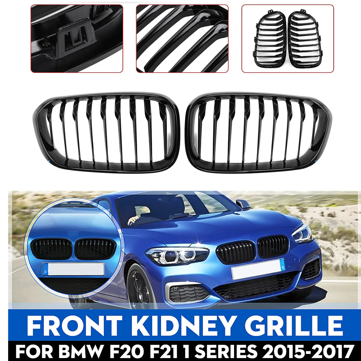 

2015-2017 Front Bumper Kidney Grill Grille Glossy Black Racing Grille Sports Slat For BMW F20 F21 120i 1 Series 2015 2016 2017