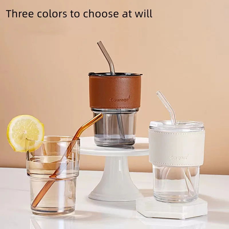 450ml Glass Straw Cup Coffee Cup with Lids and Straws Leak proof Cups