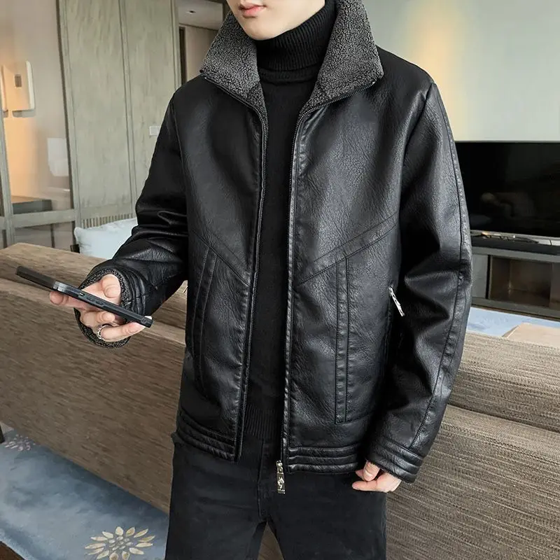 

Lamb Wool Thicken Shearling Warm Coat Men Turn-Down Collar Loose PU Leather Jacket Autumn Winter Windproof Male Casual Overcoat