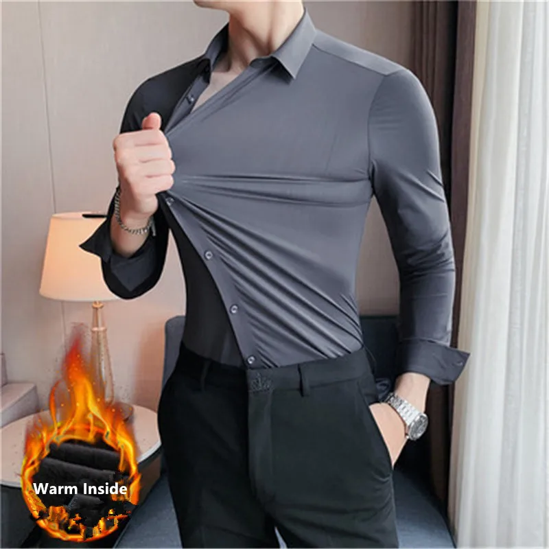 

Warm Shirts for Men Slim Fit Solid Color Thicken Designer High Elastic Social Blouse Camisa Wedding Shirts Men Clothing Winter