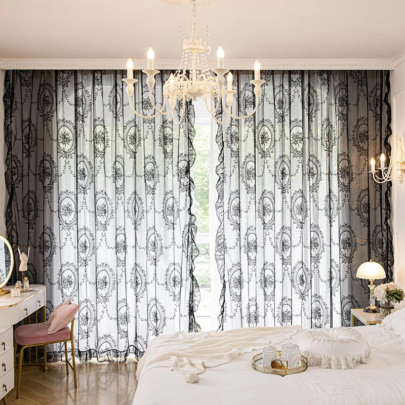 

1PC of French Lace Black Gauze Curtain For Living Room, Bedroom, Balcony Window Curtains, Transparent Thin Tulle home curtains