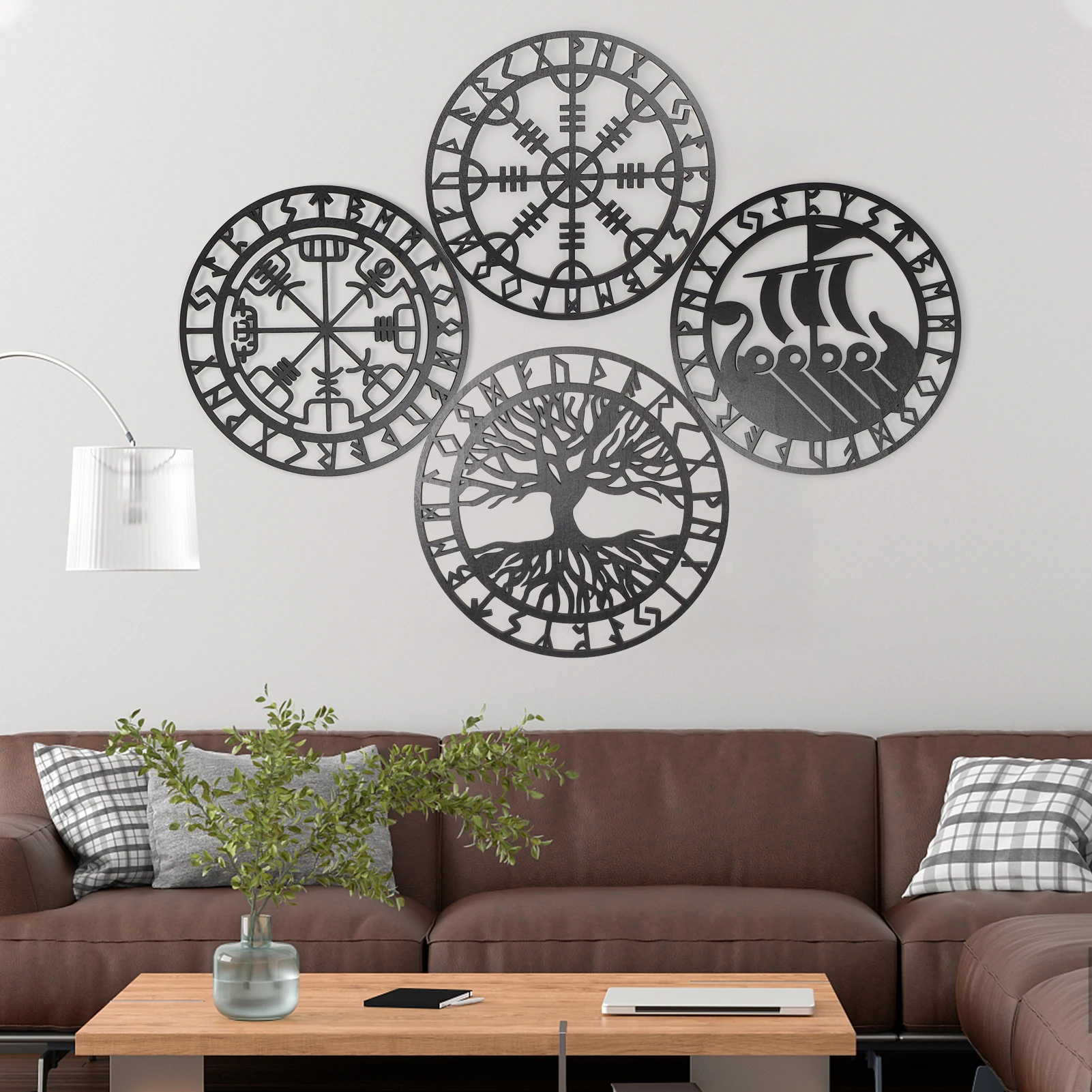 

4PCS Set Round Wall Art Nordic Viking Runes Wooden Wall Decor Celtic Family Trees Viking Decor Amulet Sign Home Office Decor