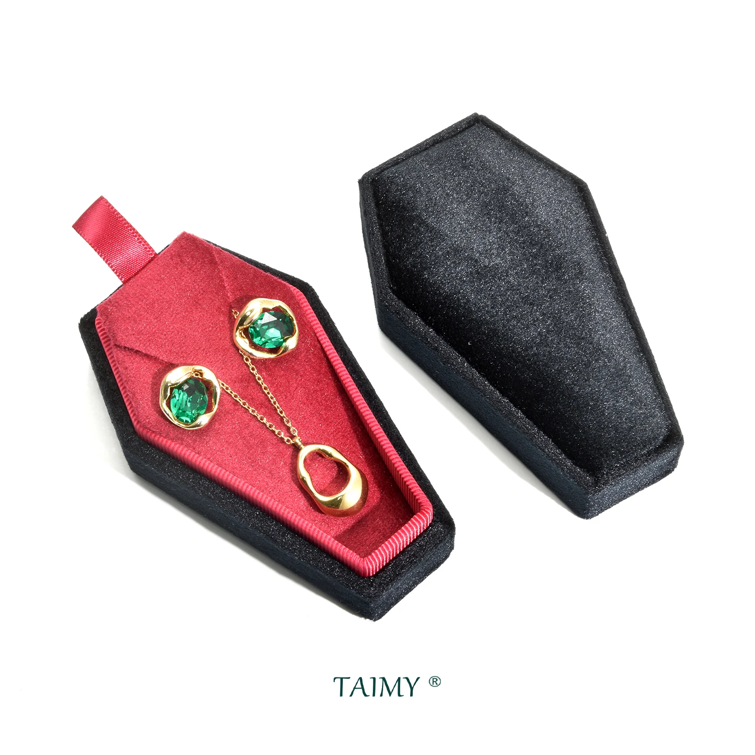 TAIMY Mini European Retro Gothic Velvet Coffin Jewelry Box Portable Travel Necklace Storage Case Personality Gifts Custom Logo