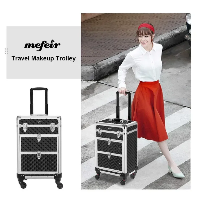 mefeir Aluminum Rolling Makeup Train Case Travel Beauty Luggage Trolley Lockable w/4 Removable Wheels & 2 Sliding Drawers 6
