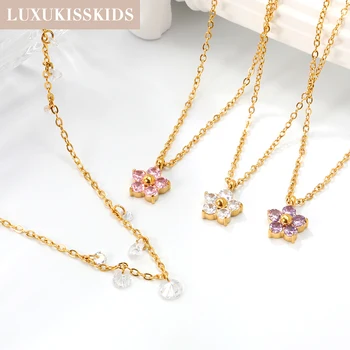 LUXUKISSKIDS Dainty Pink Purple White Cubic Zirconia Flower Pendant Necklace Romantic Stainless Steel Waterproof Jewelry Gifts