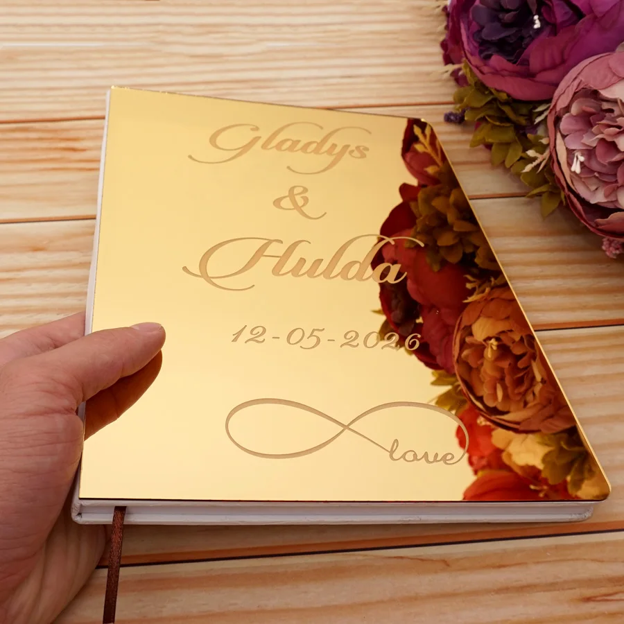Acrylic Mirror Cover Wedding Guest Book Personalized Infinity Symbol Style Engraved Signature Guestbook Wedding Guest Book