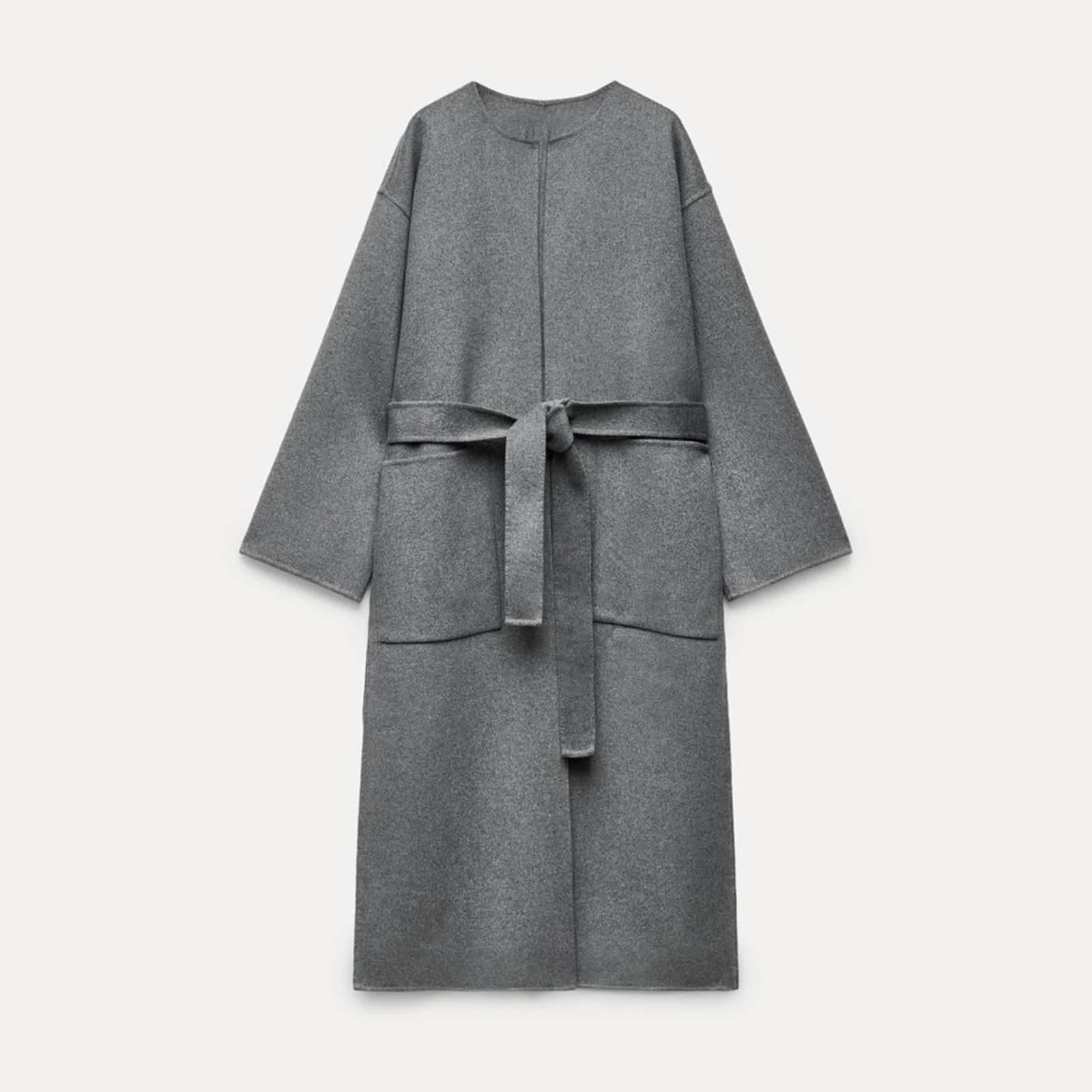 

2024 Autumn Winter New Women Grey Double Wool Blend Coat Oversized Chic Casual Round Neck Long Sleeved Tied Belt Waist Outerwear