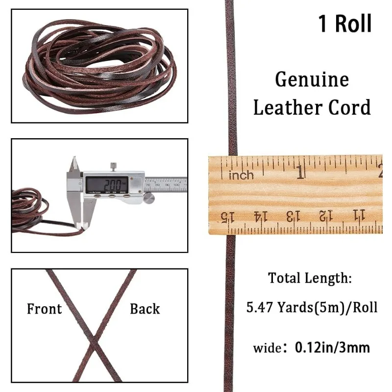 5M Genuine Leather Strip 3mm Wide Flat Leather Cord 2mm Thick Cowhide String Strap Braiding Thread Rope for Bracelets