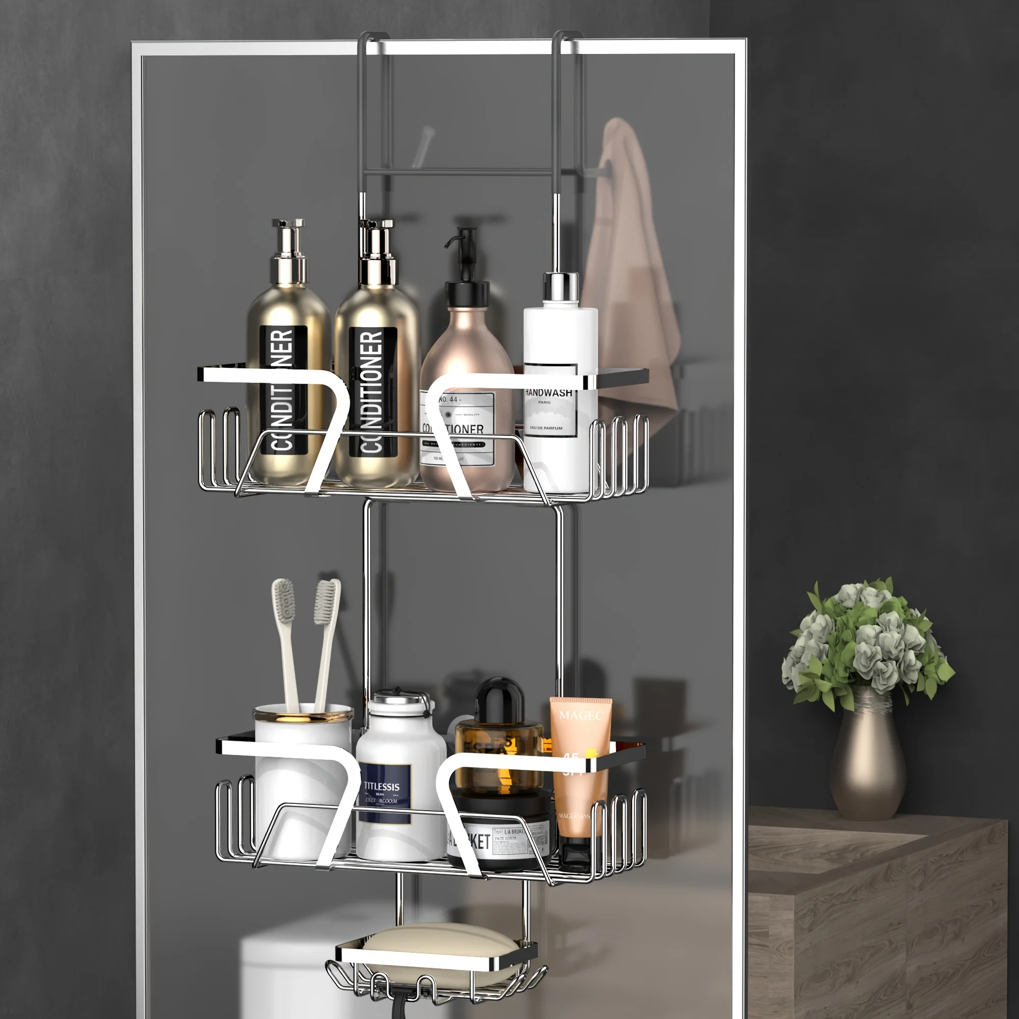 1pc bathroom glass door shower storage rack, rust proof stainless steel bathroom shower rack, with soap holder hook, used for ha