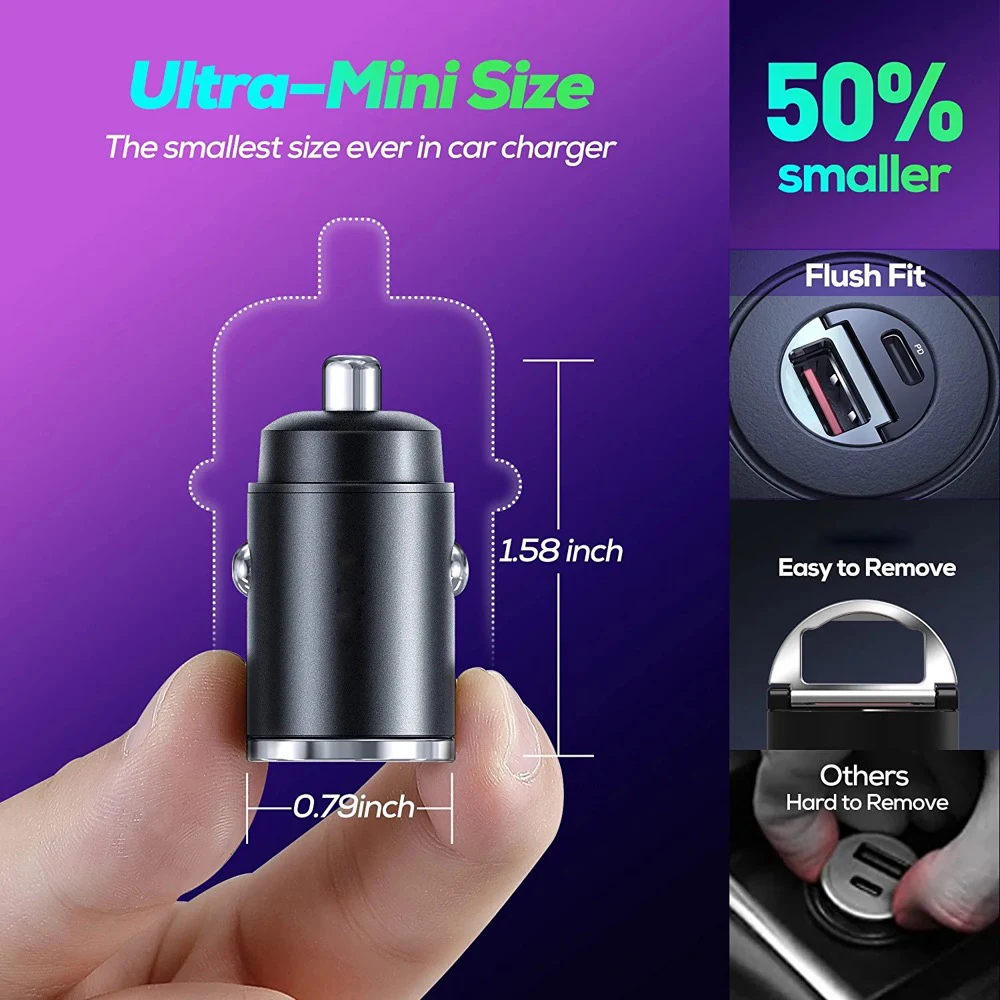130W 보이지 않는 USB 차량용 충전기 어댑터 유형 C PD 미니 크기 iPhone iPad 용 초고속 충전 Sumsung Huawei Oneplus OPPO Vivo