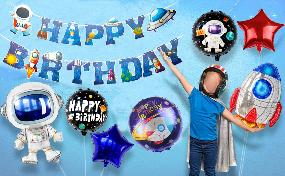 Raumfahrer-Geburtstagsbanner, Planetengirlande, Wirbel, hängende Dekoration, Luft- und Raumfahrt-Kuchenaufsatz, Astronauten-Ballon, Weltraum-Partygeschenk – Detail 1