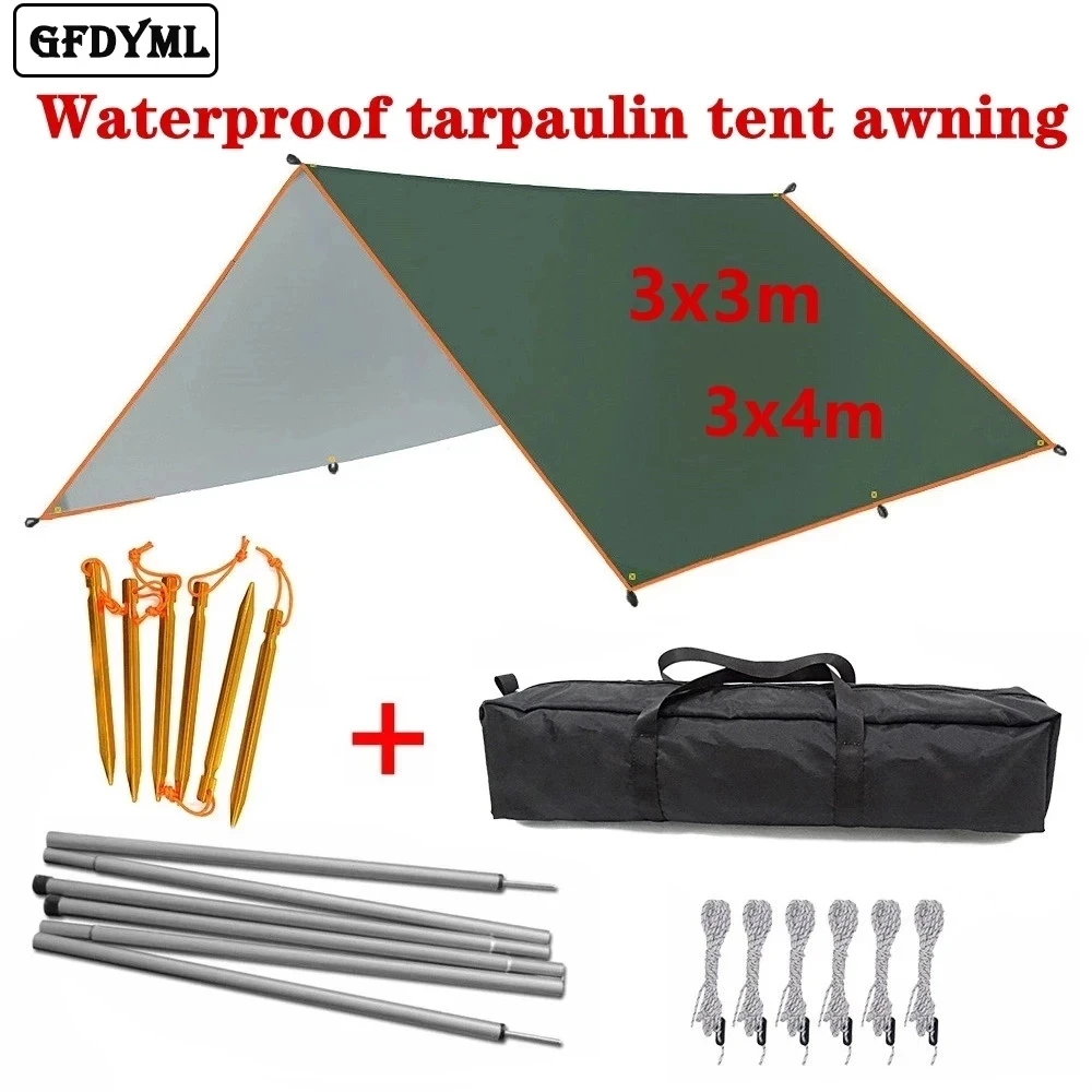 4x3m 3x3m Awning Waterproof Tarp Tent Shade Ultralight Garden Canopy Sunshade Outdoor Camping Hammock Rain Fly Beach Sun Shelter waterproof tarpaulin,tarpaulin rain cover,waterproof tarp,ultralight tarp,camping canopy,camping tent,sun shade sail,sunshade net,car side awning