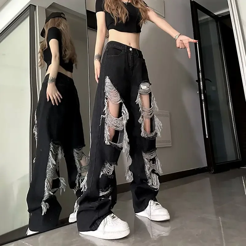 

New Versatile Y2k Distressed Women Broken Hole Jeans High Street Hip Hop High Waist Straight Loose Trousers Washed Mopping Pants