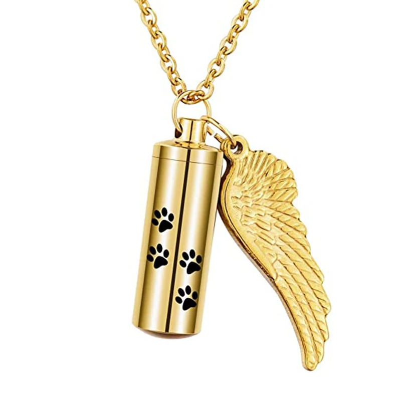 HooAMI Cremation Jewelry Urn Necklace for Ashes with Angel Wing Charm & Pet Paw Print Cylinder 