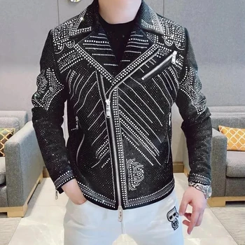 고품질 럭셔리 핫 드릴 자켓, 남성 자케타 봄버 다이아몬드 남성 자켓 코트 패션 라인석 펑크 클럽 복장 슬림 자켓